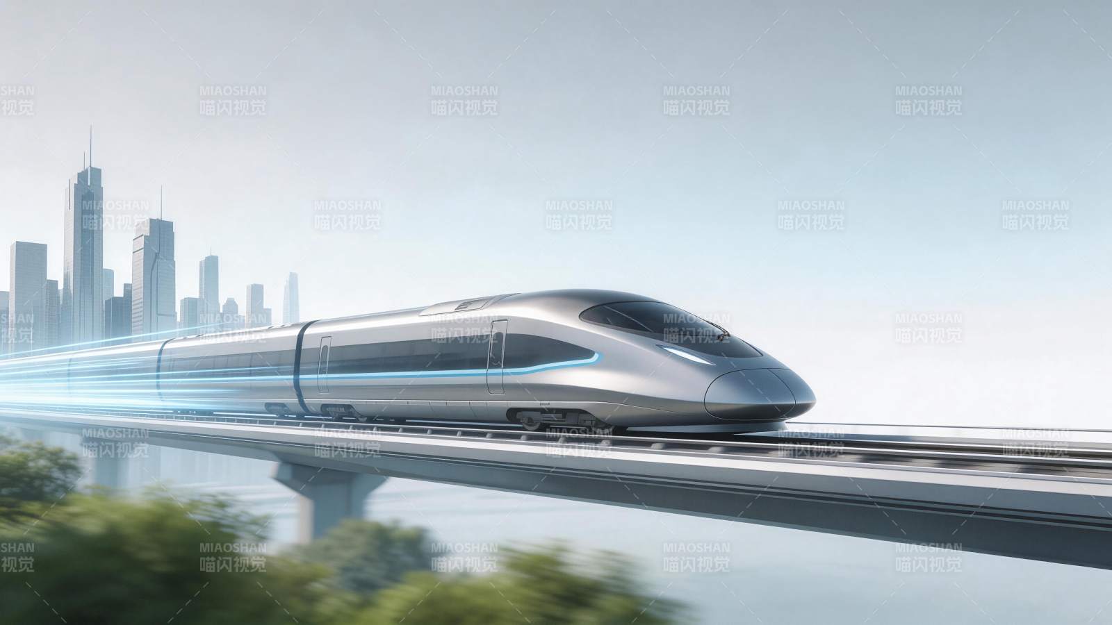 银色高速列车行驶在城市高架轨道上图片