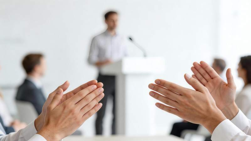 会议现场观众鼓掌聆听演讲者发言图片