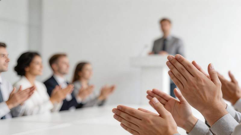 会议现场多人鼓掌聆听演讲者发言图片