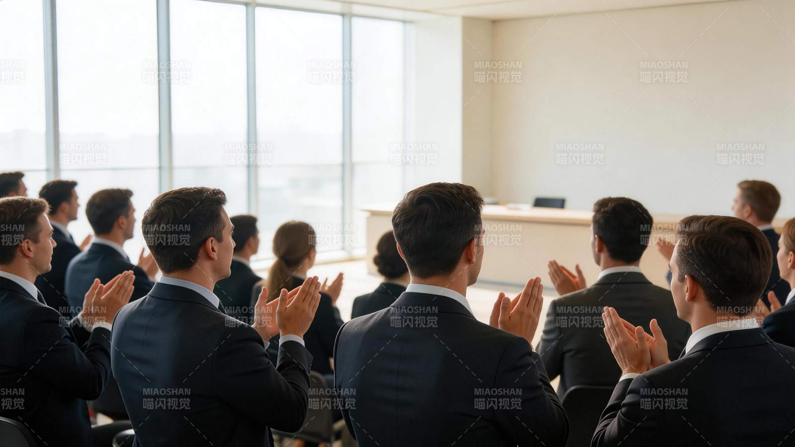 商务人士在会议室内鼓掌聆听演讲图片