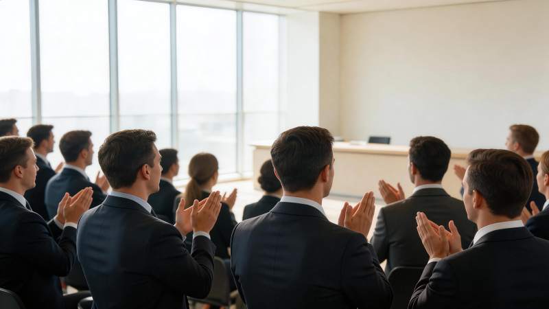 商务人士在会议室内鼓掌聆听演讲图片