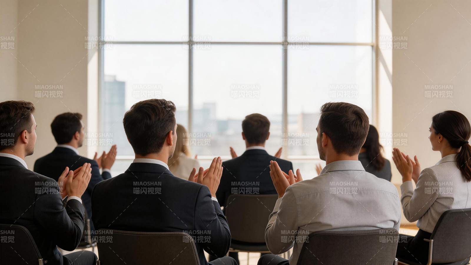 多人背对镜头在室内会议场合鼓掌图片