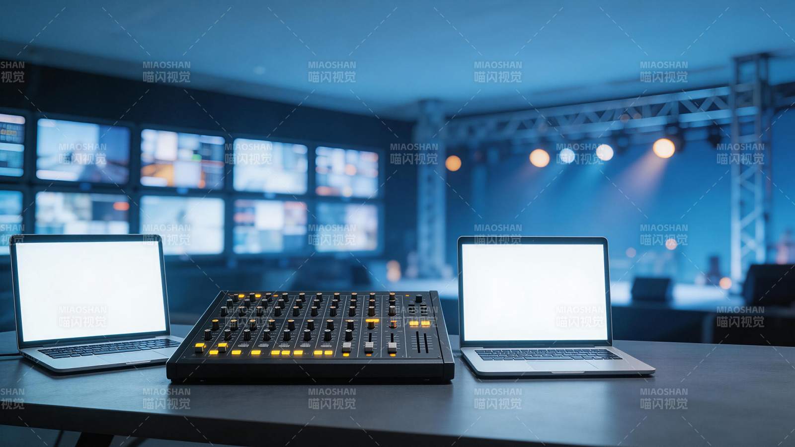 演播室内调音台与双笔记本电脑工作台图片
