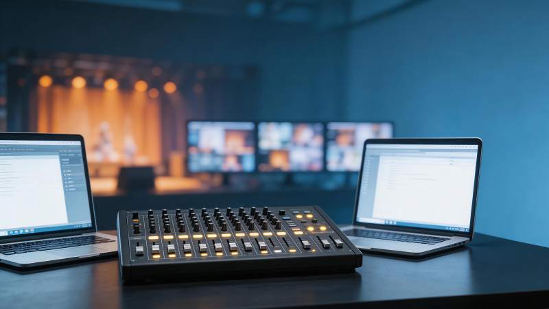 音频调音台与双笔记本电脑直播工作台图片