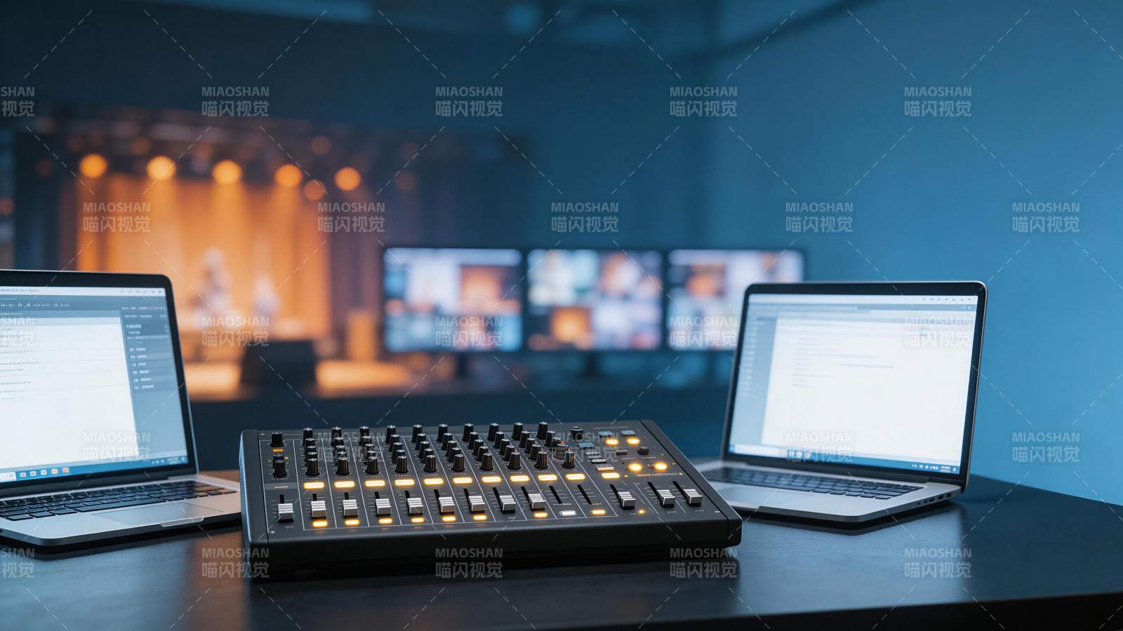 音频调音台与双笔记本电脑直播工作台图片