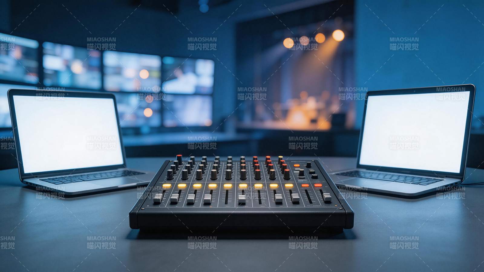 调音台与双笔记本电脑的录音棚控制台场景图片