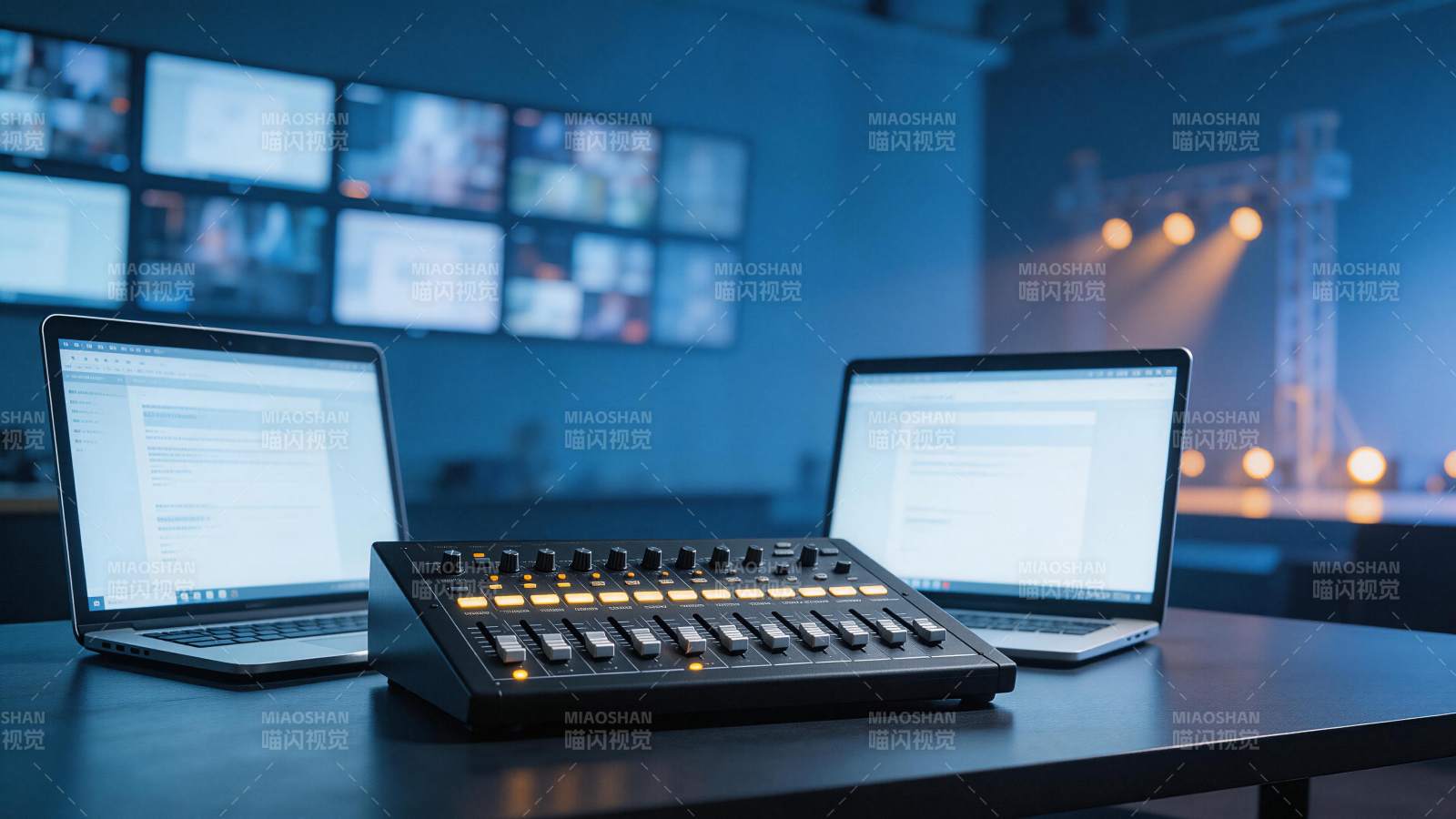 音频调音台与双笔记本电脑工作台场景图片