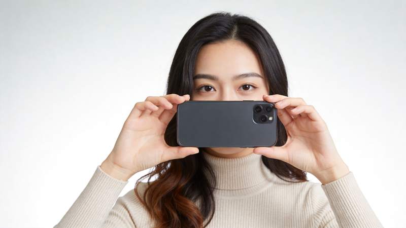 女性双手持黑色智能手机遮挡面部图片