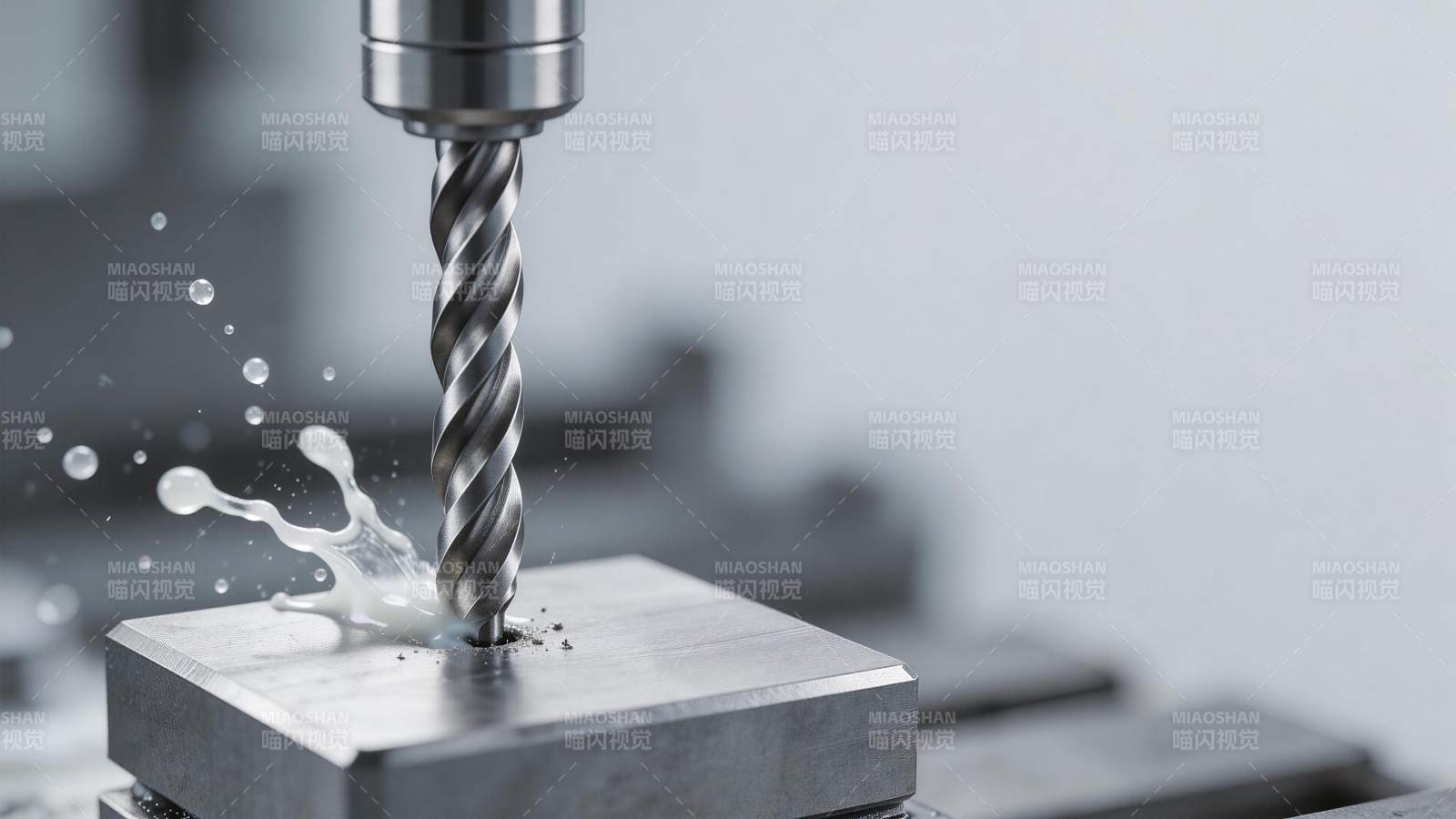 金属钻头正在加工金属块产生切削液飞溅图片