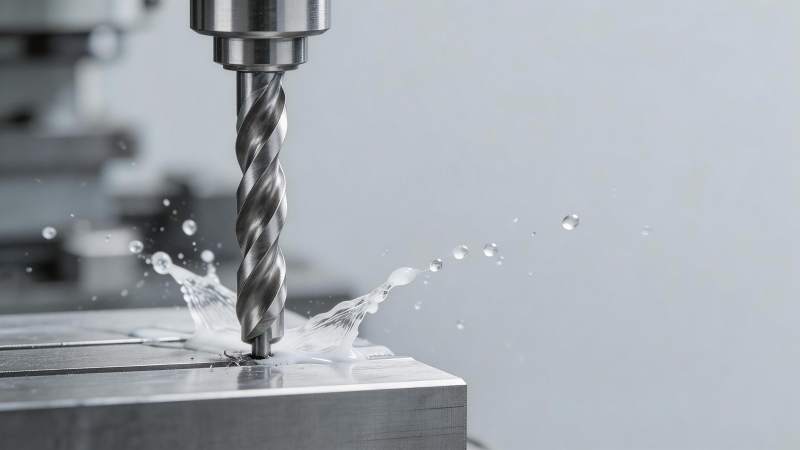 金属钻头正在加工工件产生冷却液飞溅图片