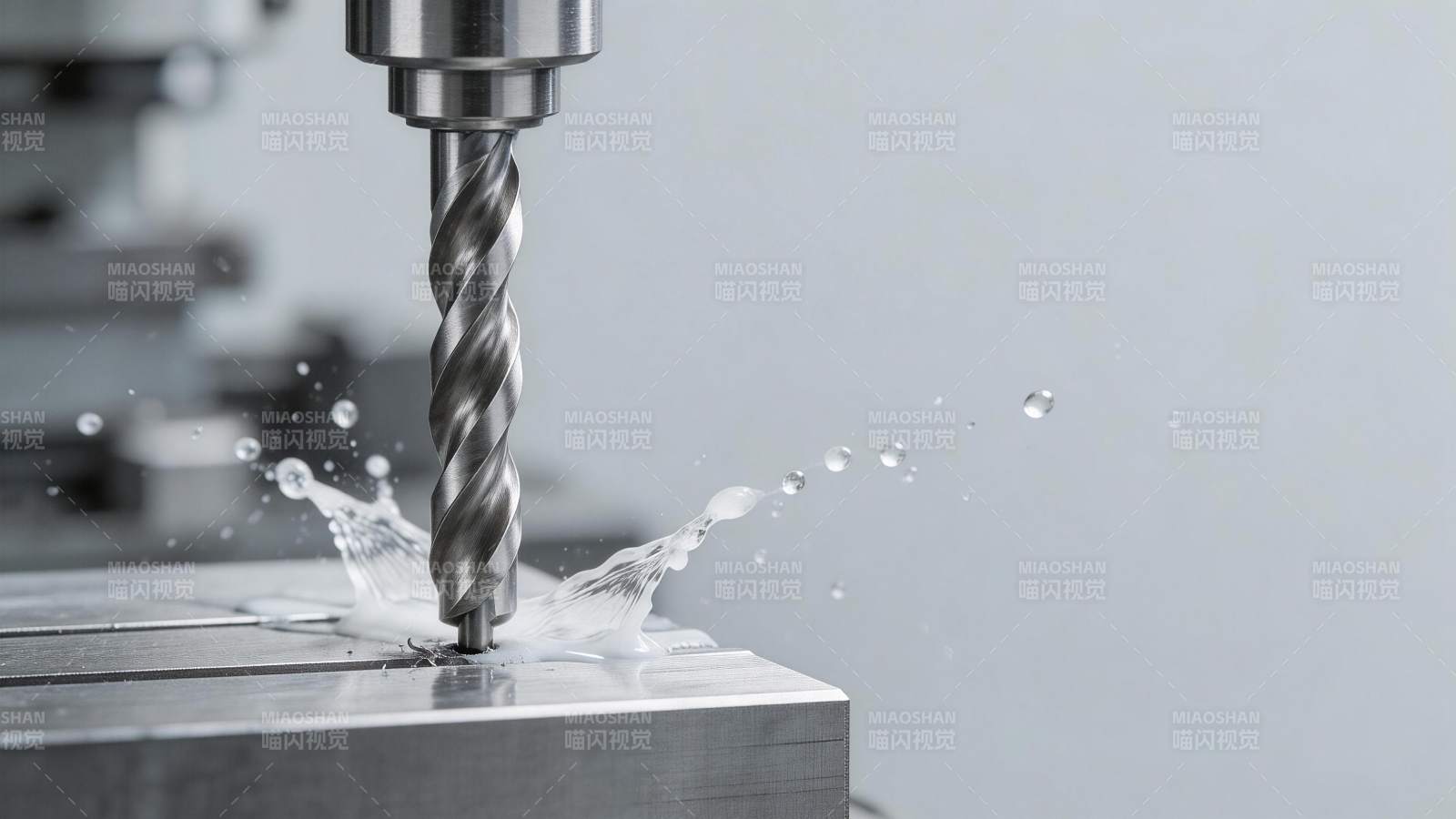 金属钻头正在加工工件产生冷却液飞溅图片