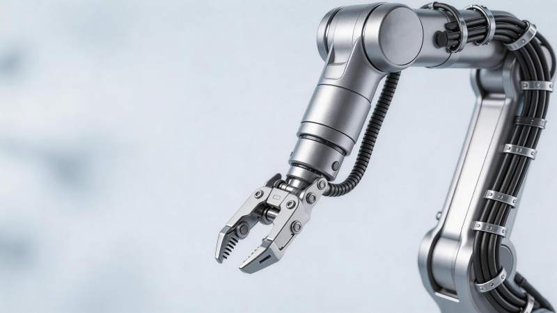 银色工业机械臂特写展示精密结构与电缆布局图片