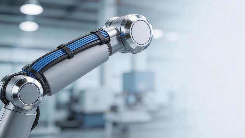 工业机械臂特写展示金属结构与蓝色线缆图片