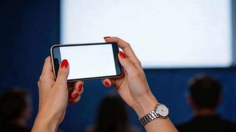 女性双手持智能手机拍摄投影屏幕画面图片
