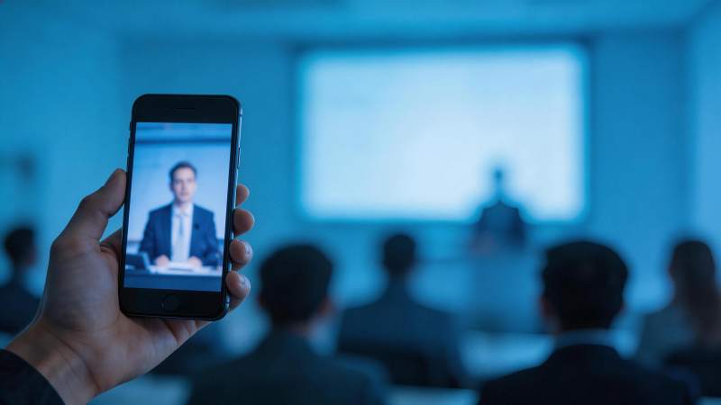 手持手机拍摄会议现场演讲者画面图片
