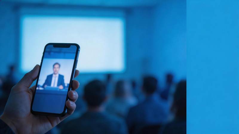 手持手机观看远程会议直播的现场场景图片