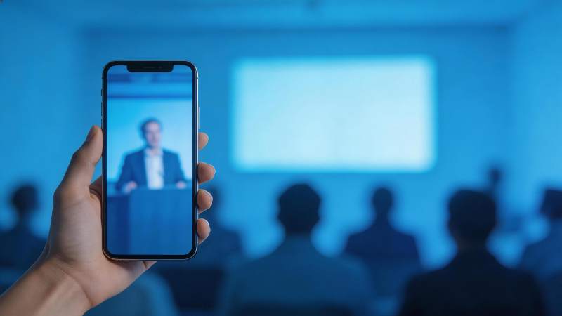 手持手机拍摄会议演讲现场画面图片