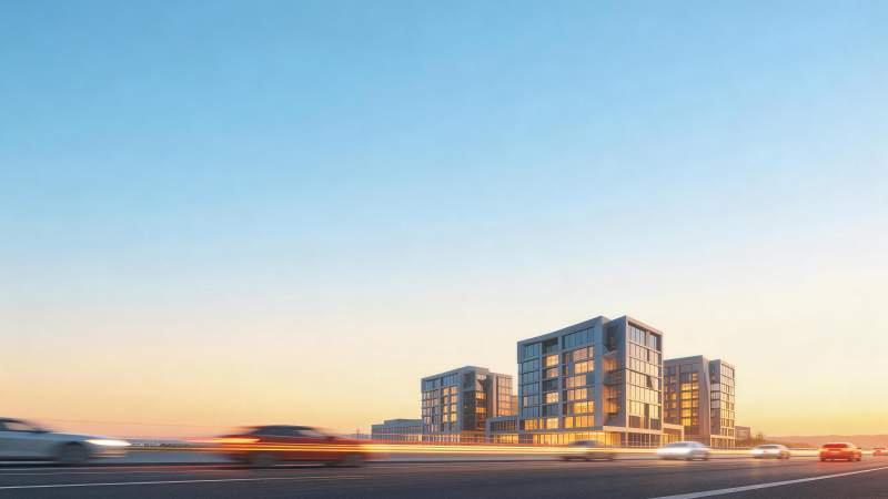 黄昏时分城市道路旁现代建筑群与行驶车辆图片