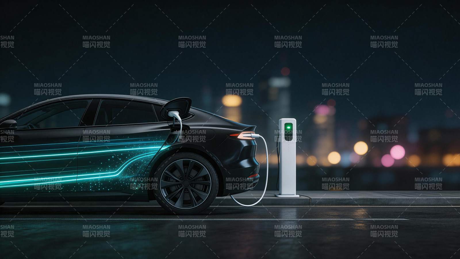 黑色电动轿车夜间连接充电桩充电图片