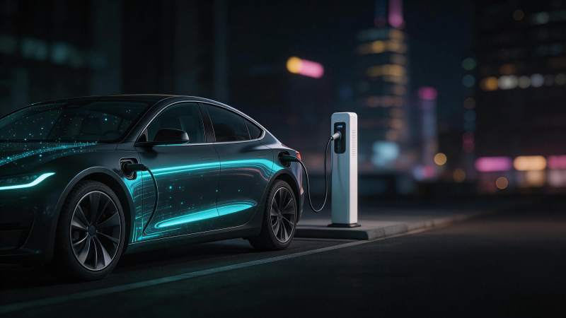 夜晚城市街道中电动汽车正在充电图片