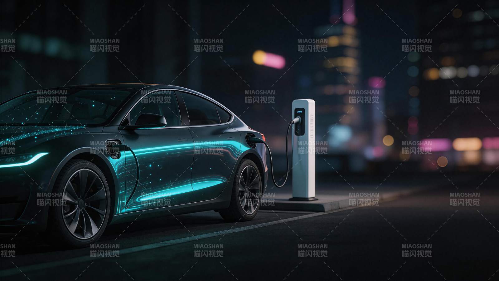 夜晚城市街道中电动汽车正在充电图片