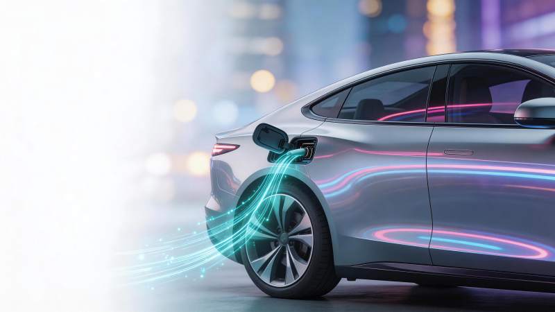 银色电动汽车夜间充电能量流动特效展示图片