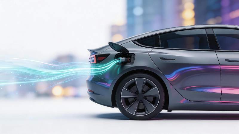 银灰色电动汽车正在充电能量流可视化图片