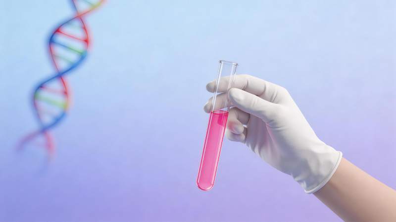 戴手套手持装有粉色液体的试管与DNA双螺图片