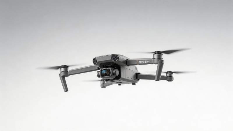 灰色四轴无人机悬停空中带云台相机图片