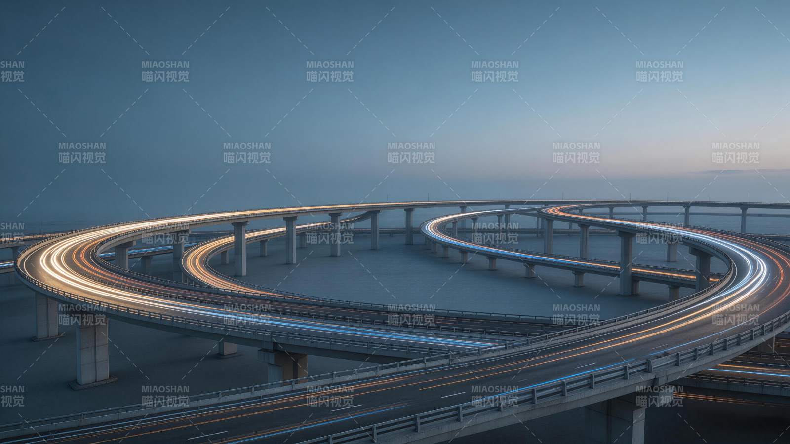 螺旋式高架桥夜景车流光轨交织画面图片