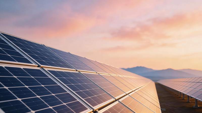 夕阳下成排太阳能电池板阵列图片