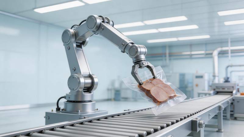 工业机械臂抓取真空包装肉制品传送带作业图片