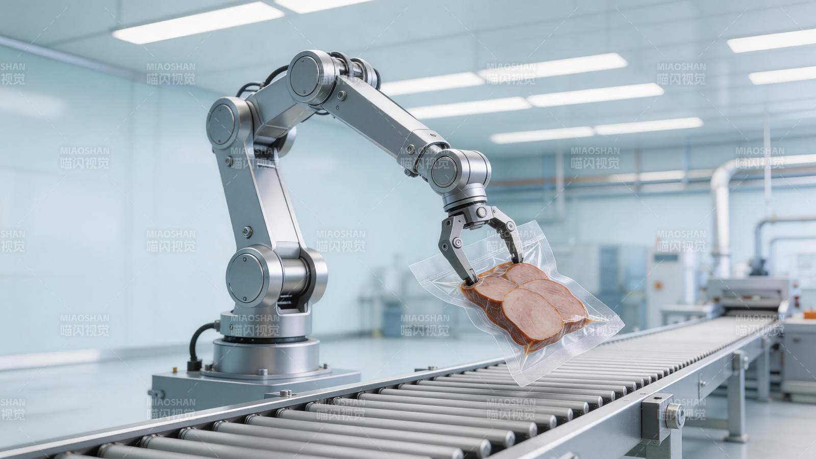 工业机械臂抓取真空包装肉制品传送带作业图片