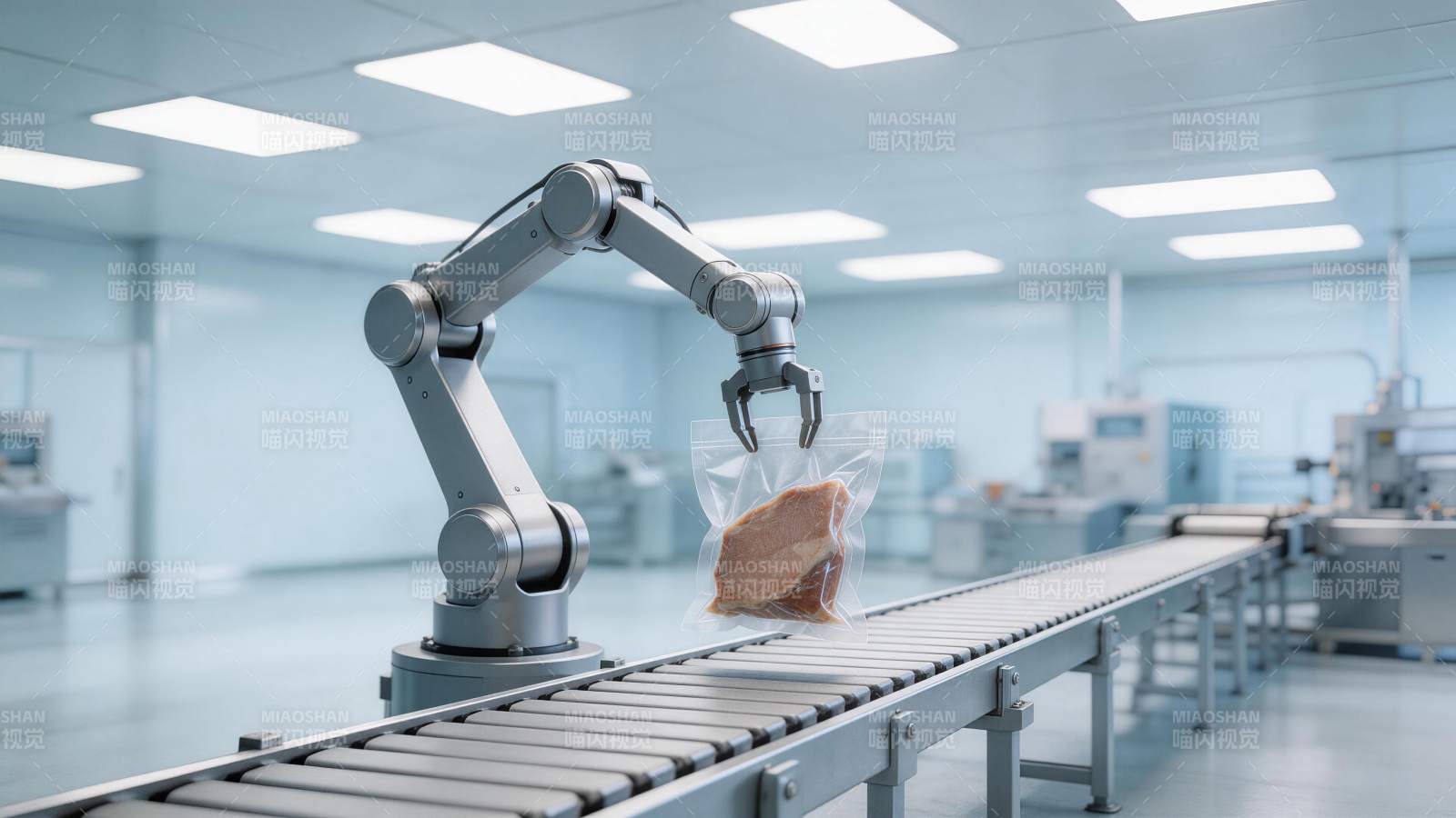 工业机器人在流水线上抓取真空包装食品图片