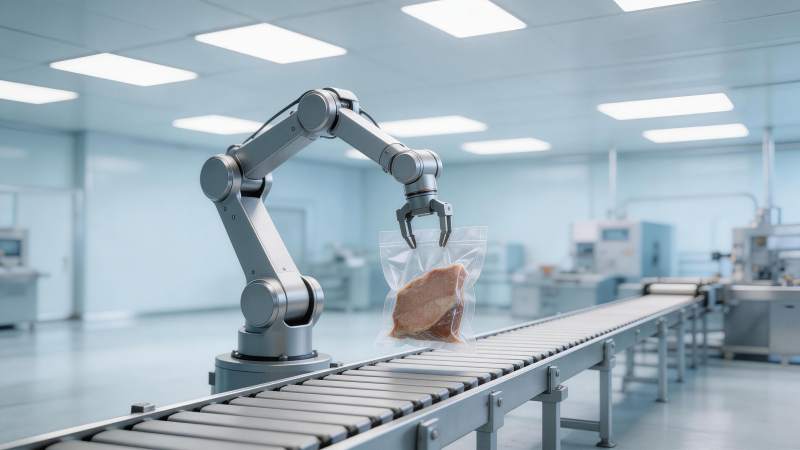 工业机器人在流水线上抓取真空包装食品图片
