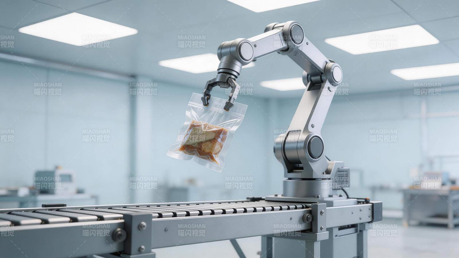 工业机械臂抓取食品包装袋作业场景图片
