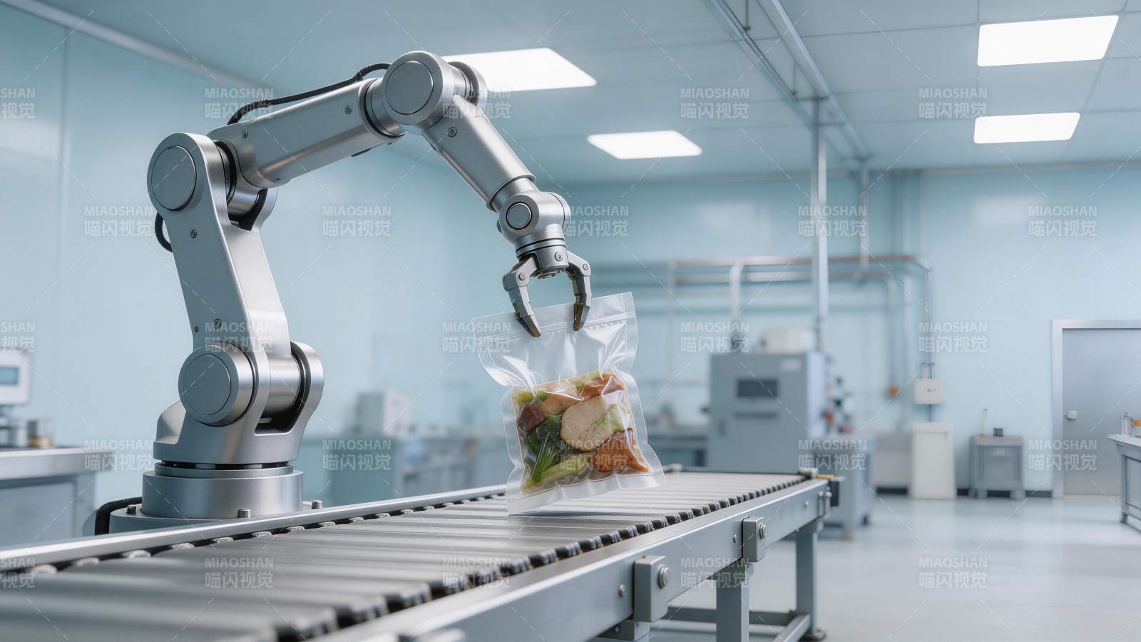 工业机械臂抓取真空包装食品在传送带上作业图片