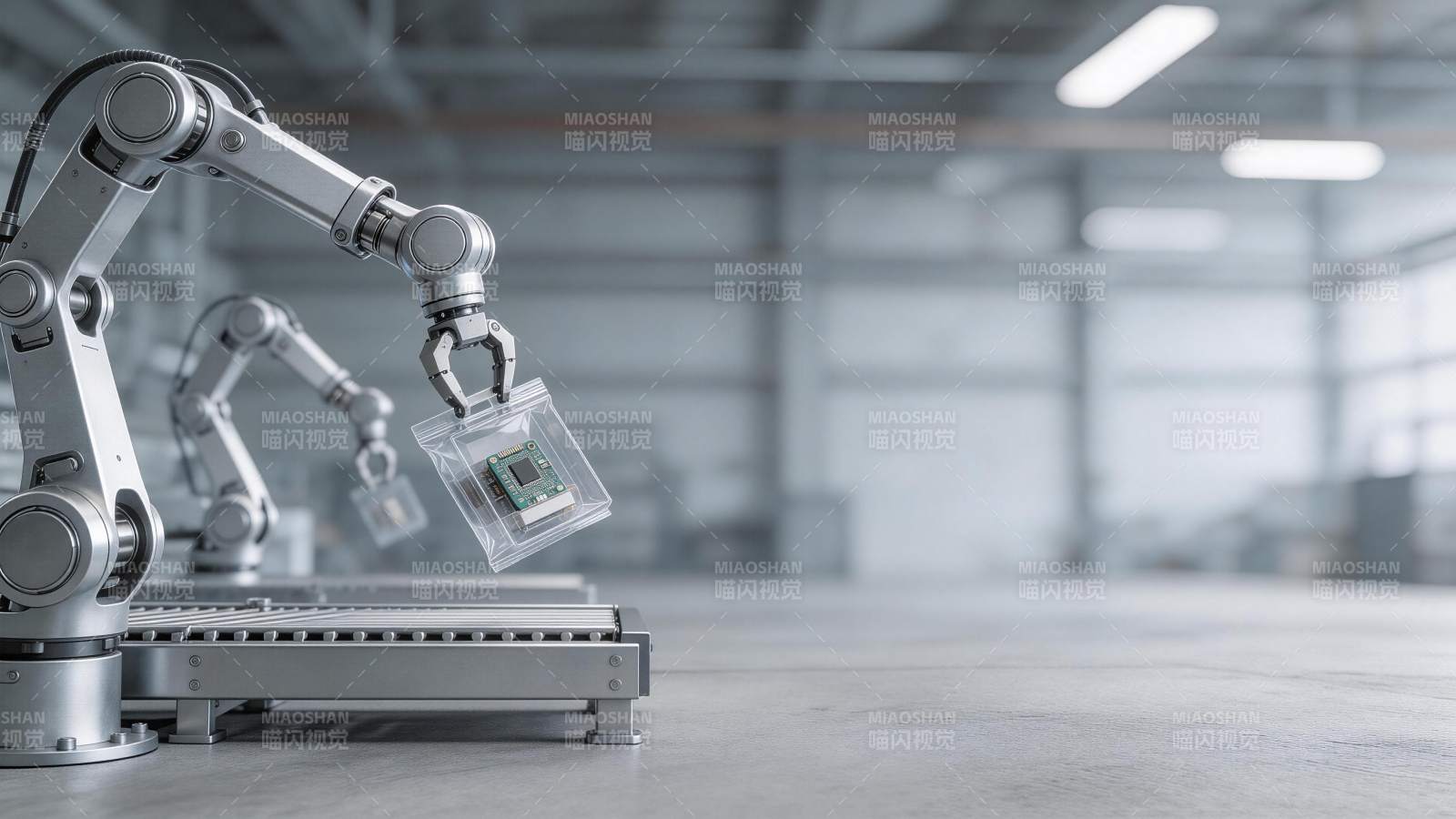 工业机械臂抓取封装芯片进行自动化作业图片