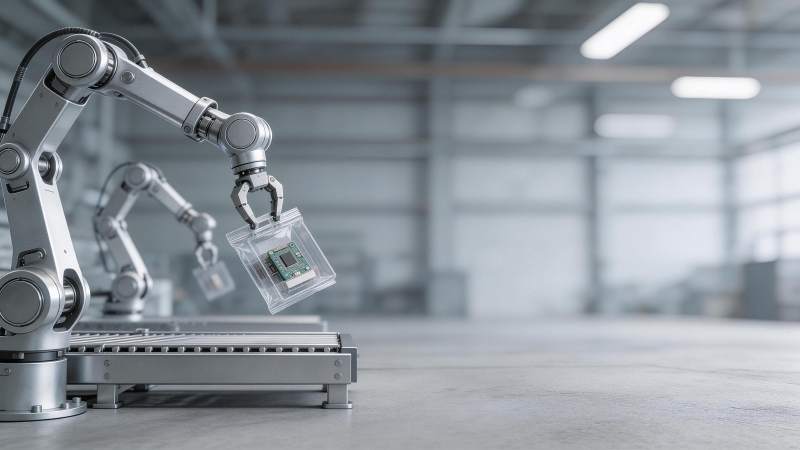 工业机械臂抓取封装芯片进行自动化作业图片