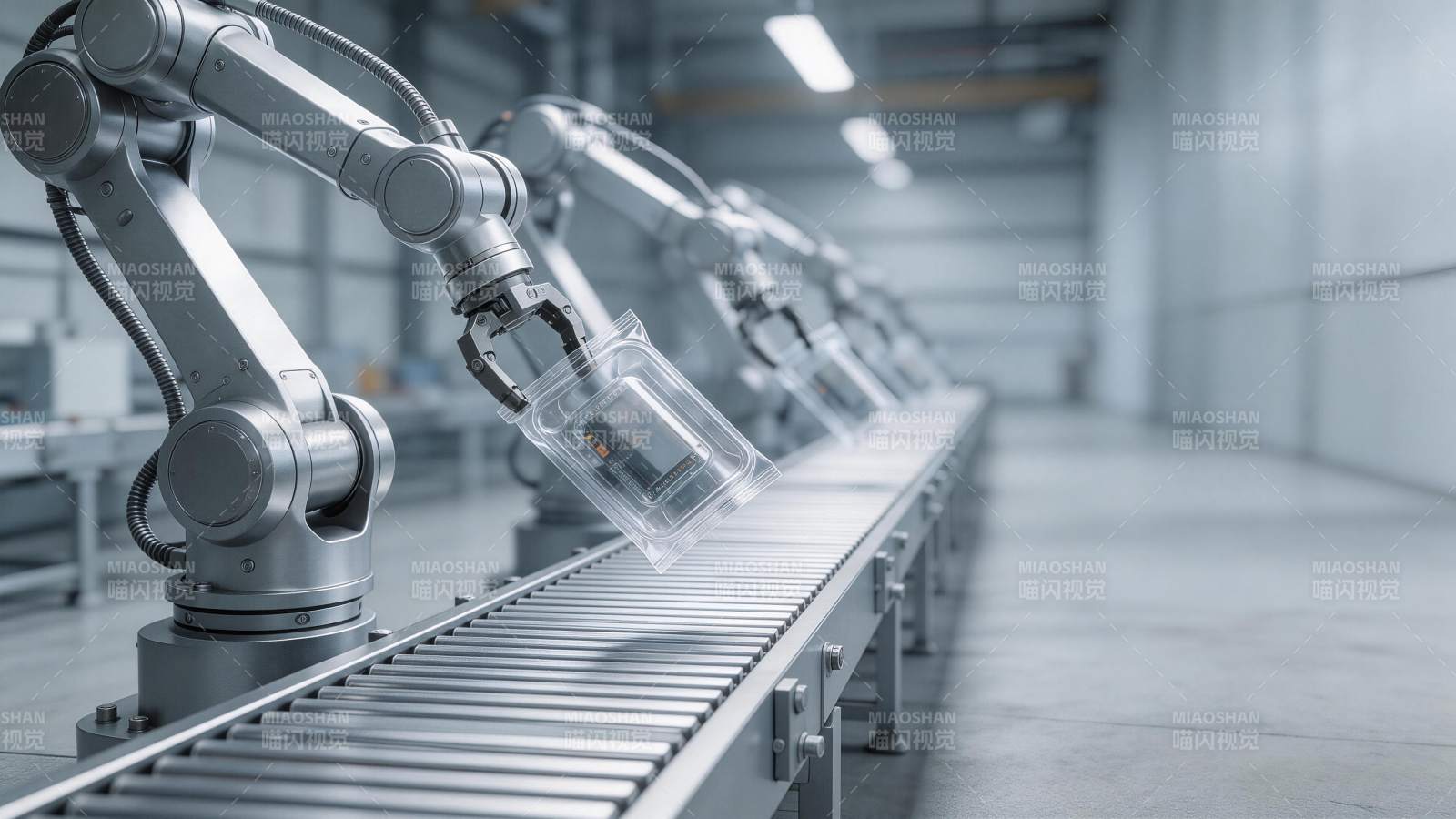 工业机器人在流水线上抓取透明包装产品图片