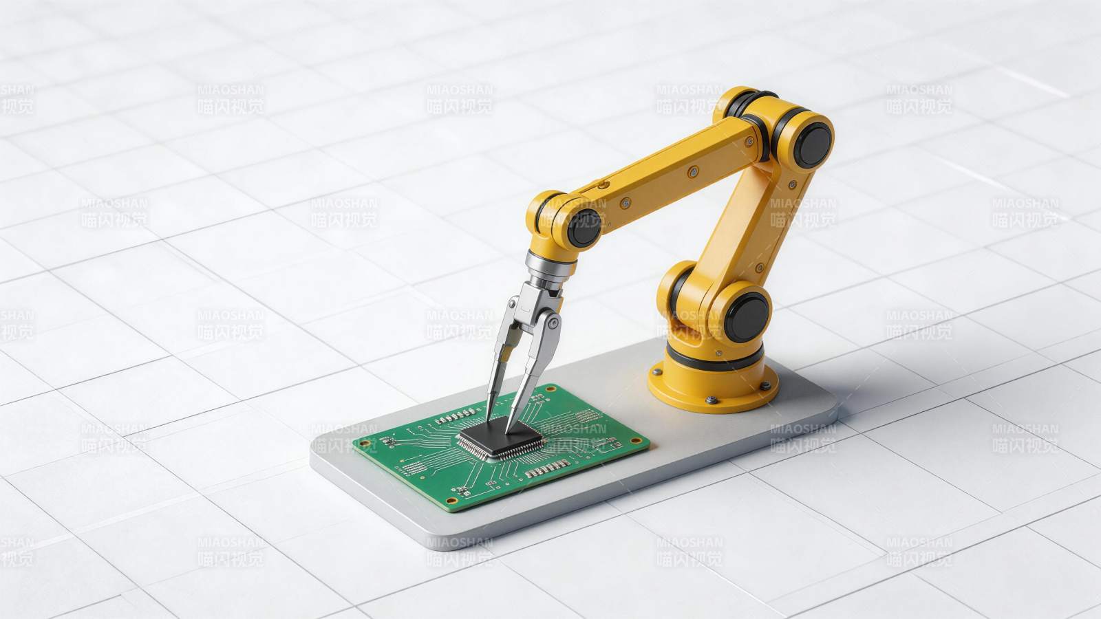 黄色机械臂正在安装芯片于电路板上图片