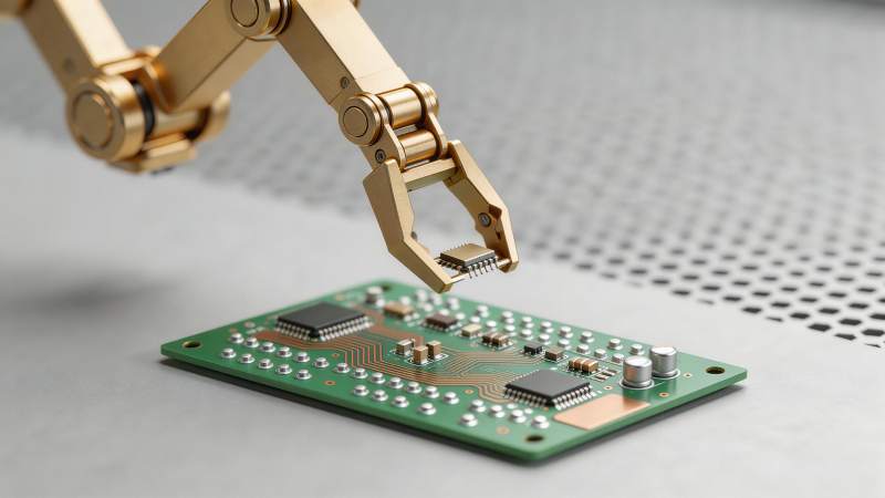金色机械臂精准抓取芯片安装至电路板图片