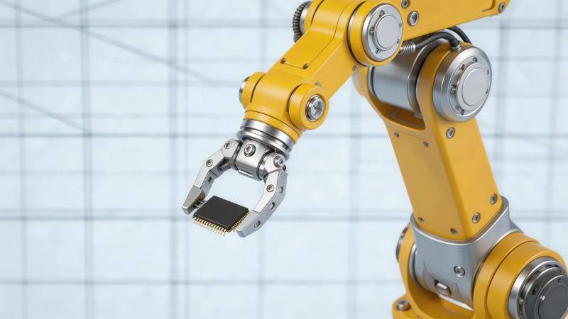 黄色机械臂夹持黑色芯片特写图片