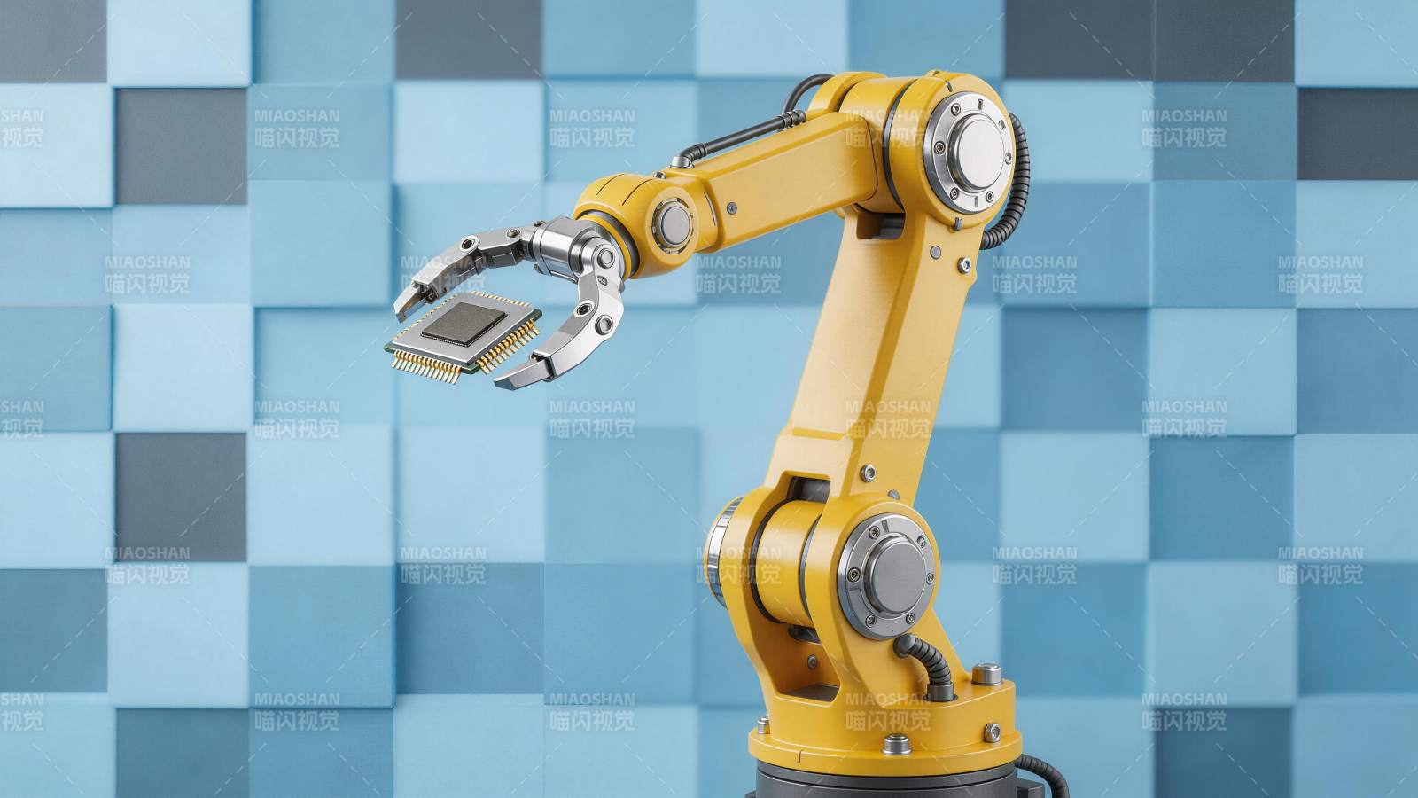 黄色机械臂夹持芯片展示科技制造场景图片