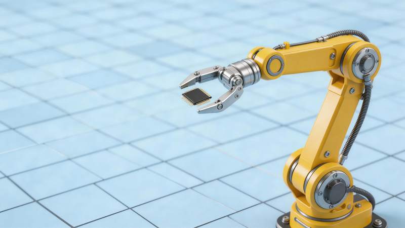 黄色机械臂夹持芯片展示精密制造场景图片