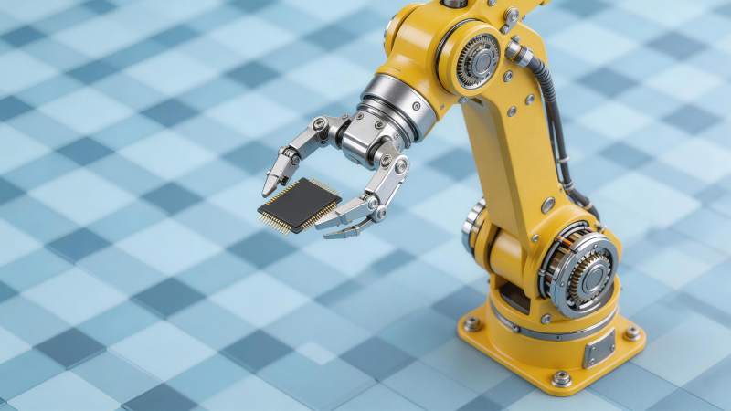 黄色机械臂夹持黑色芯片特写图片