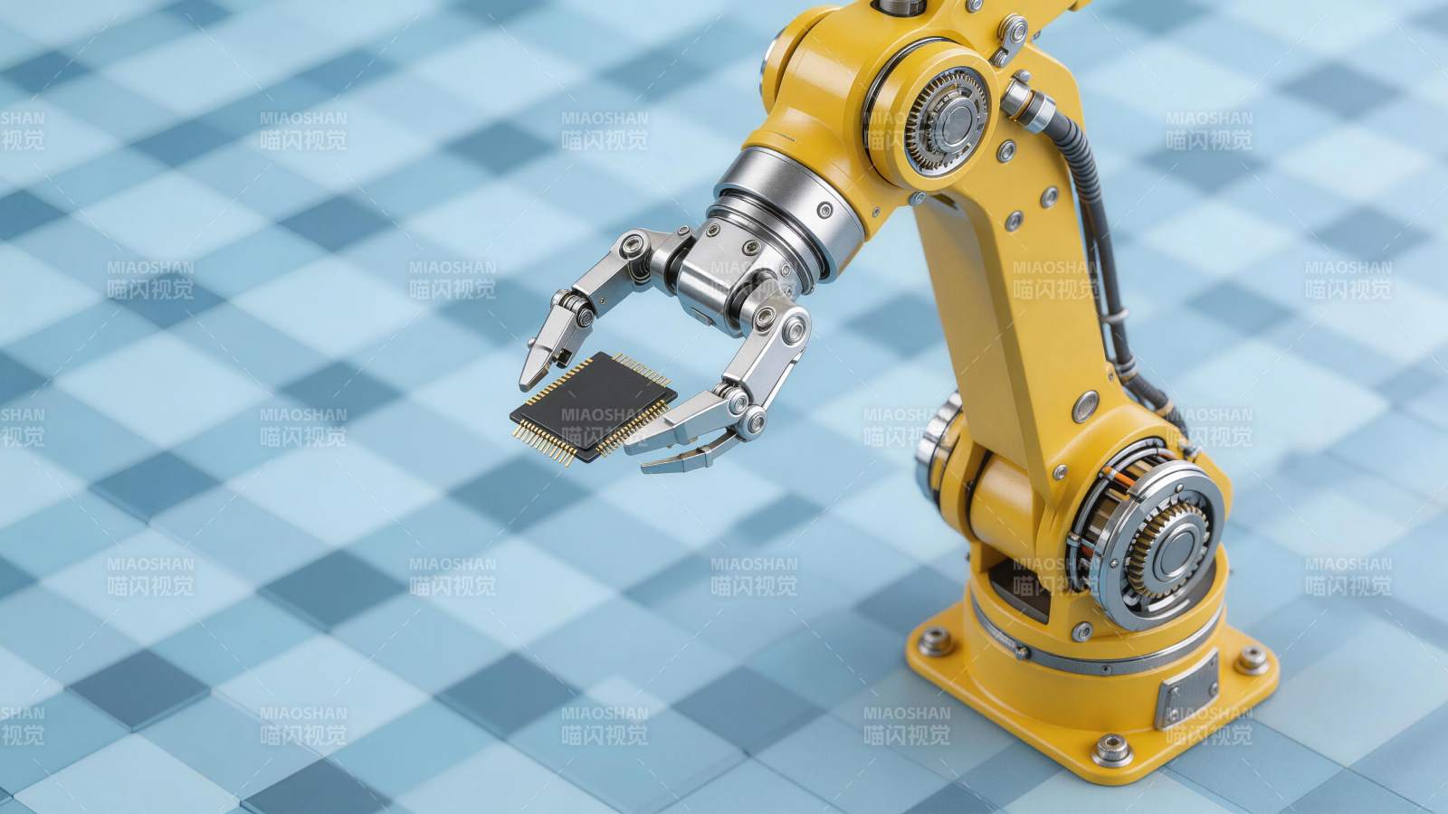 黄色机械臂夹持黑色芯片特写图片
