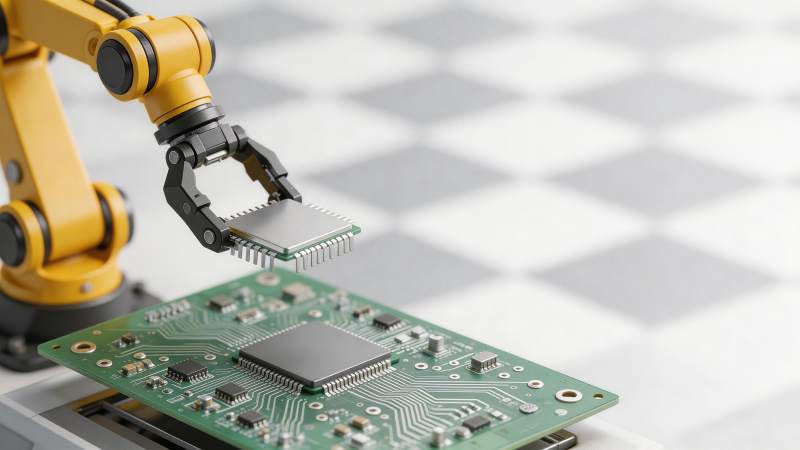 机械臂精准安装芯片至电路板图片