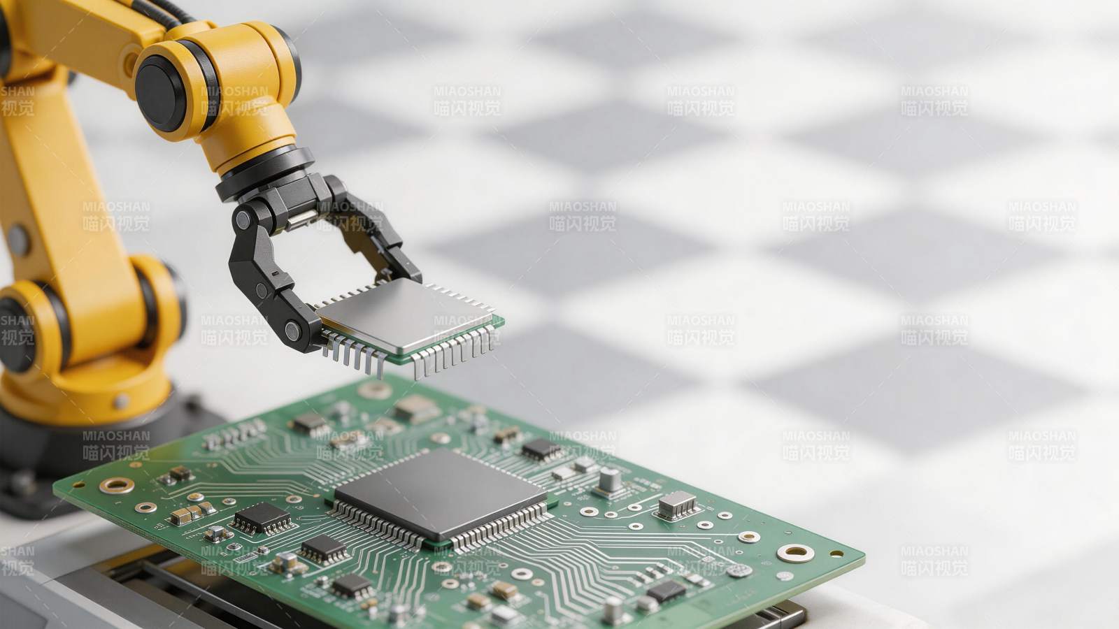 机械臂精准安装芯片至电路板图片