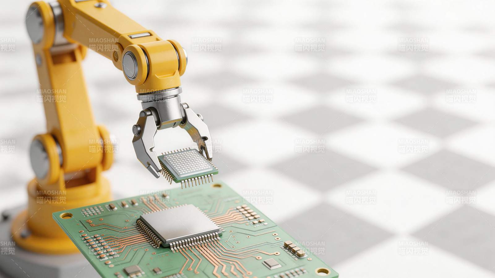 黄色机械臂精准安装芯片至电路板图片